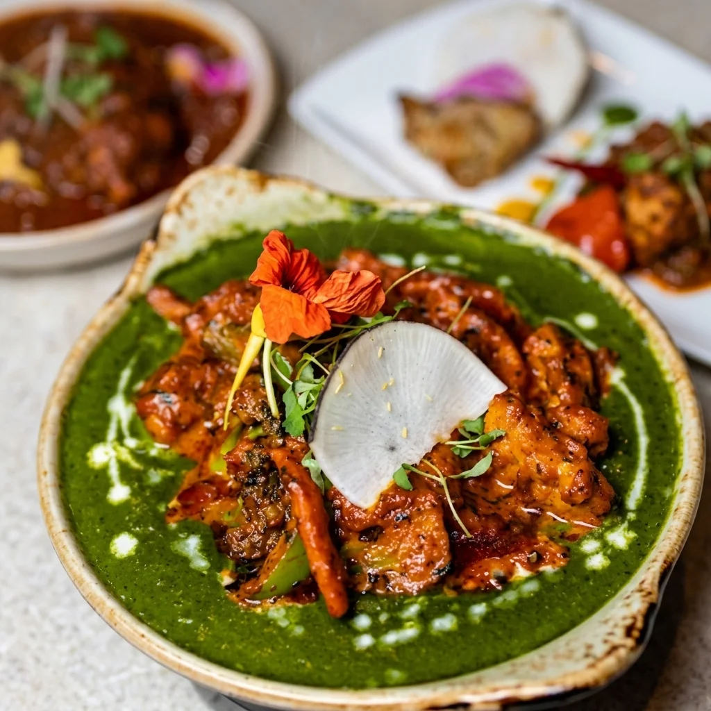 Chicken saag in a green spinach gravy with curries and samosa from Dil Tak Indian Cuisine and Bar in downtown Toronto
