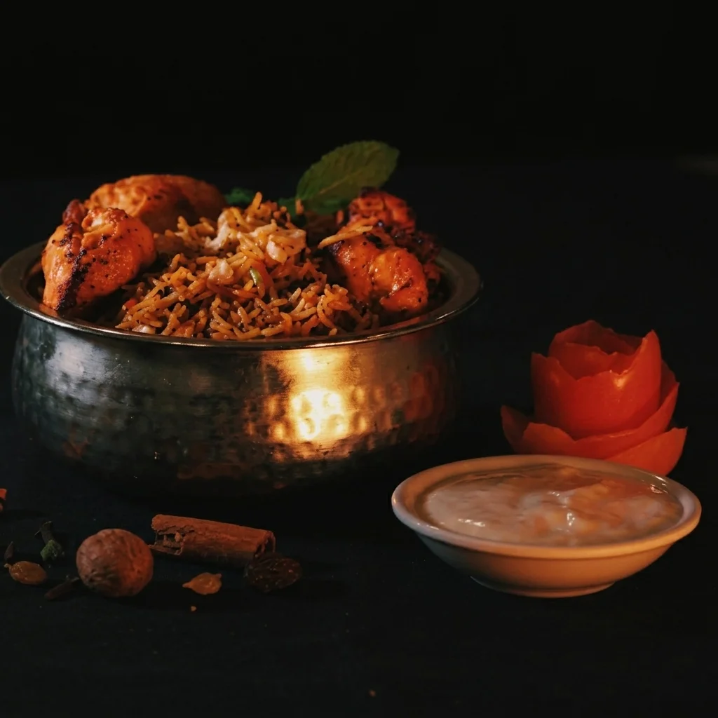 Chicken biryani with basmati rice and raita at Dil Tak in downtown Toronto